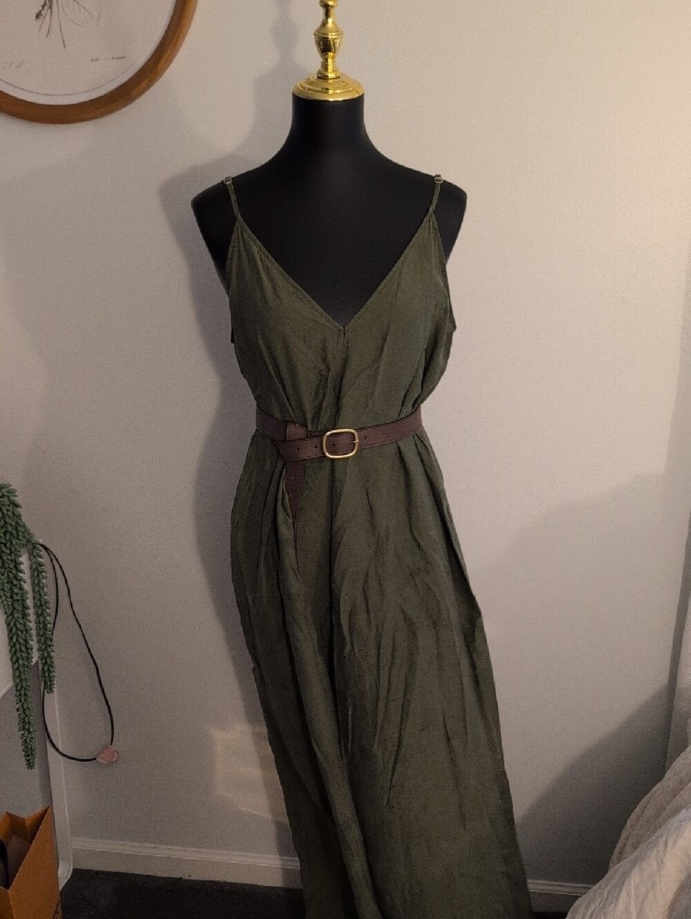 Zara Olive Slip Maxi Dress with V-Neck
